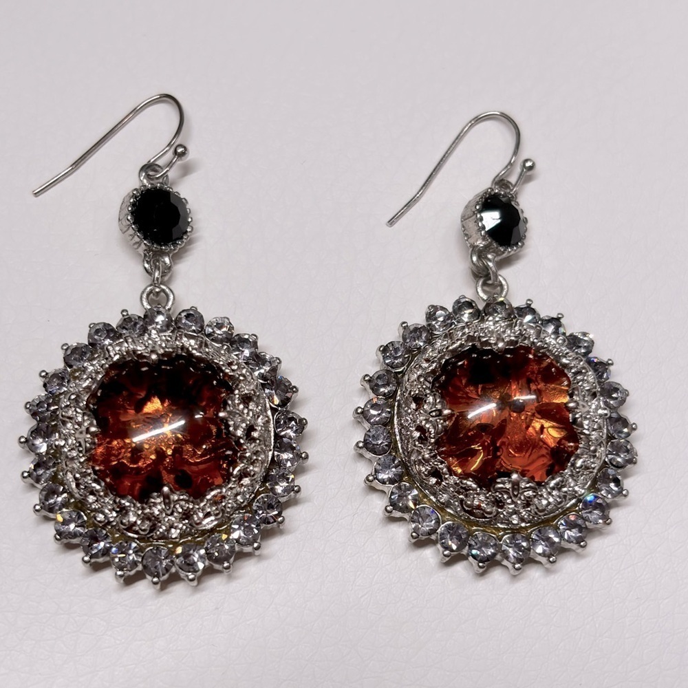 Amber with rhinestone crystal super sparkly silver tone earrings